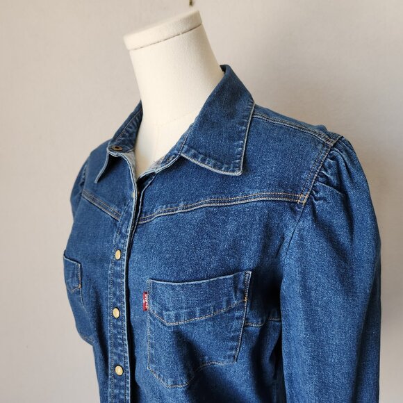 Vintage Y2K Levi's Denim Western Shirt Pearl Snap Long Sleeve Stretch Cotton - Picture 4 of 12